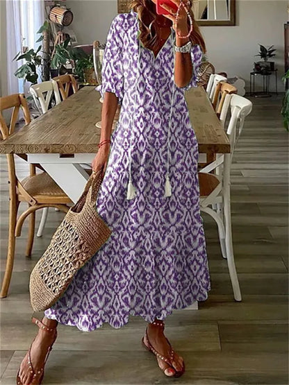 Variant image for Women's Floral Maxi Dress – Lightweight Cotton Blend, V-Neck, 3/4 Sleeve, Casual Fit, Summer Ready-9
