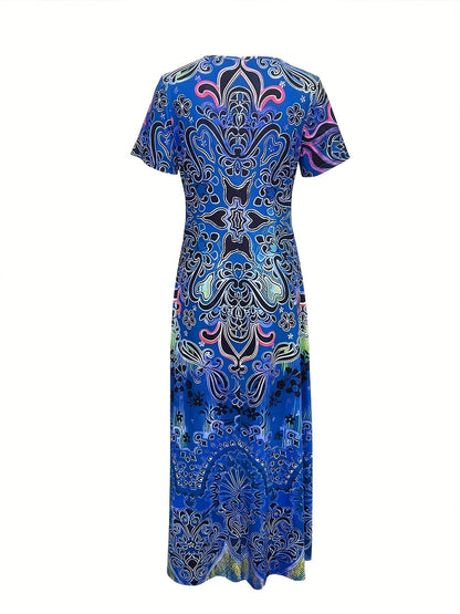 Women's Maxi Dress – Elegant V-Neck, Short Sleeve, Relaxed Fit, Ornate Pattern, Summer Ready
