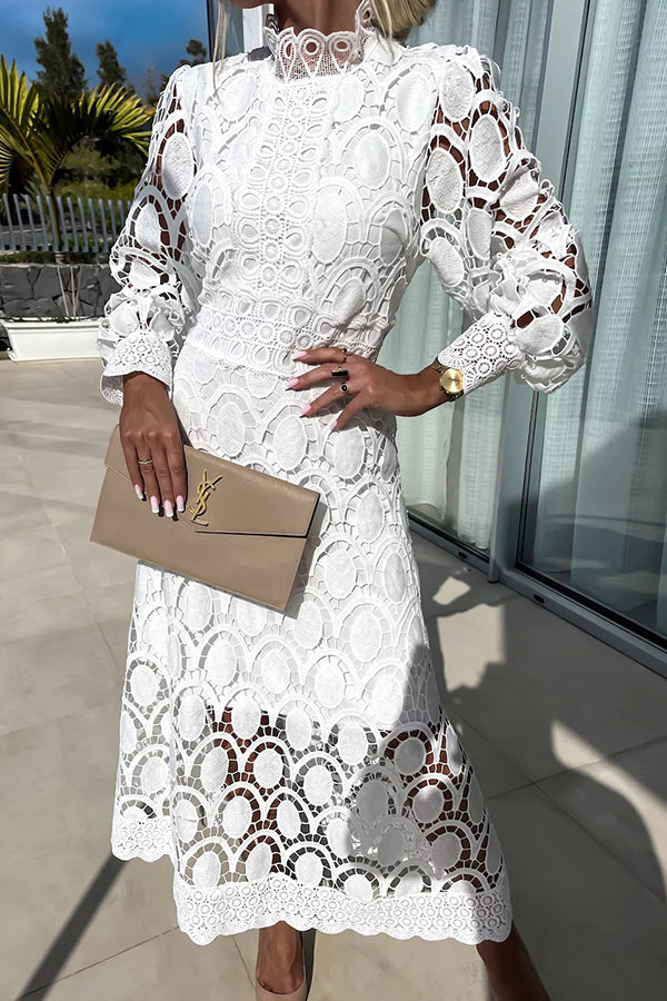 Daisy | Elegant Lace Midi Dress Puff Sleeve High Neck A-Line Cocktail Dress