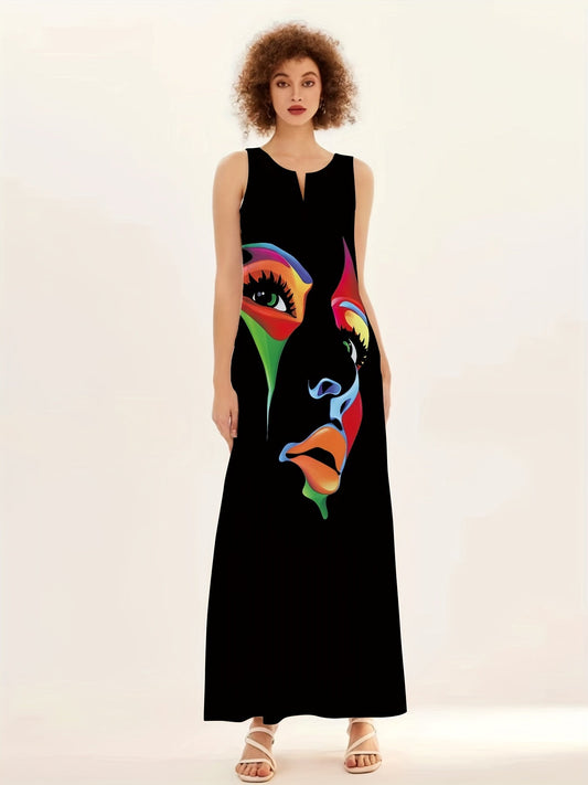 Women's Maxi Dress – Artistic Face Print, Flattering V-Neck, Sleeveless, Flowing Fit, Summer Style