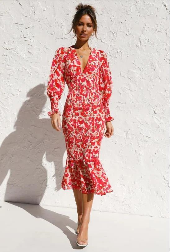 Variant image for Women's Midi Dress – Deep V-Neck, Fitted Silhouette, Balloon Sleeves, Ruffled Hem, Bold Print-1
