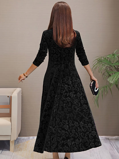 Women's Velvet A-Line Midi Dress – Elegant V-Neck, 3/4 Sleeve, Floral Pattern, Perfect for Semi-Formal Events