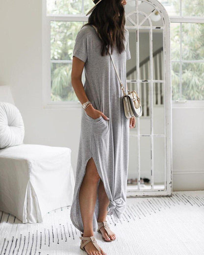 Variant image for Women's Casual Maxi Dress – Soft Cotton Blend, Relaxed Fit, Short Sleeve, Side Slit, Pockets, Summer Essential-11