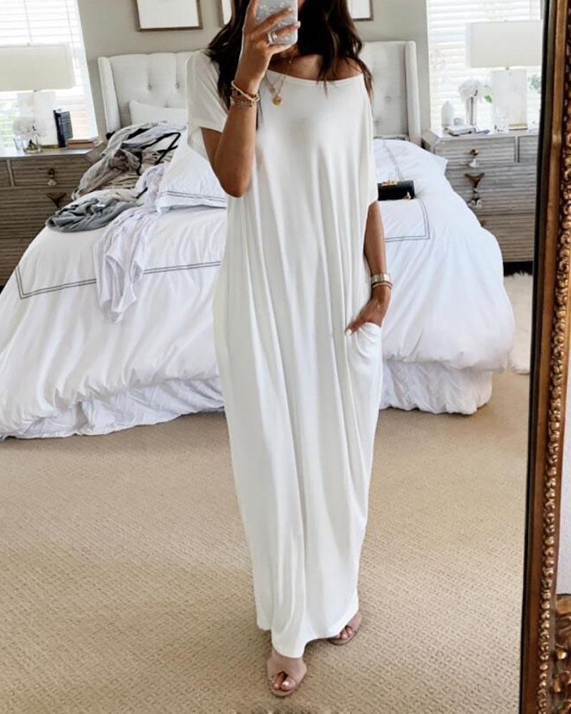 Variant image for Women's Casual Maxi Dress – Soft Cotton Blend, Relaxed Fit, Short Sleeve, Side Slit, Pockets, Summer Essential-6