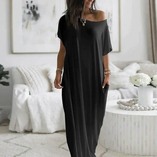Women's Casual Maxi Dress – Soft Cotton Blend, Relaxed Fit, Short Sleeve, Side Slit, Pockets, Summer Essential