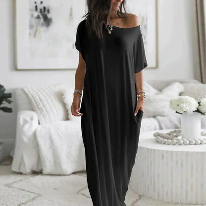 Variant image for Women's Casual Maxi Dress – Soft Cotton Blend, Relaxed Fit, Short Sleeve, Side Slit, Pockets, Summer Essential-1