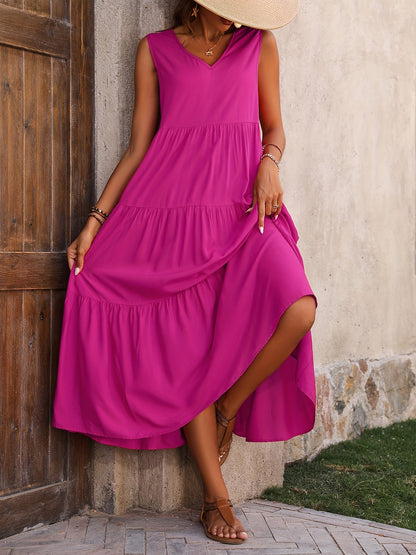 Women's Maxi Dress – Sleeveless V-Neck, Flowing Fit, Tiered Design, Perfect for Summer