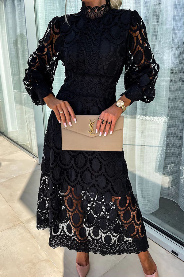 Daisy | Elegant Lace Midi Dress Puff Sleeve High Neck A-Line Cocktail Dress