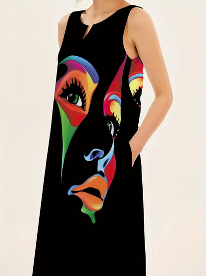 Women's Maxi Dress – Artistic Face Print, Flattering V-Neck, Sleeveless, Flowing Fit, Summer Style