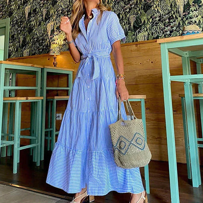 Variant image for Women's Tiered Maxi Dress – Collared Neck, Short Sleeve, Self-Tie Waist, Cotton Blend, Summer Style-1
