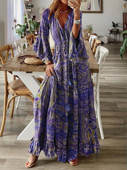Variant image for Women's Boho Maxi Dress – Deep V-Neck, Button Front, Bell Sleeves, Ruffle Hem, Summer Ready-22