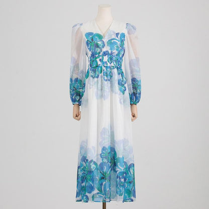 Women's Floral Midi Dress – Elegant V-Neck, Smocked Waist, Long Sleeve, Lightweight, All-Season