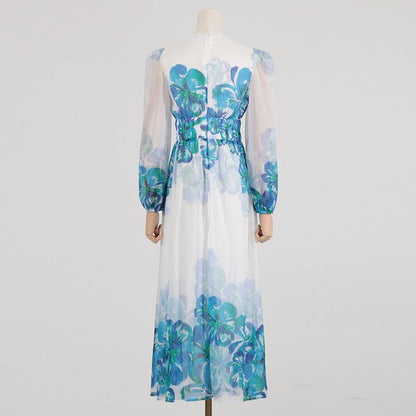 Women's Floral Midi Dress – Elegant V-Neck, Smocked Waist, Long Sleeve, Lightweight, All-Season