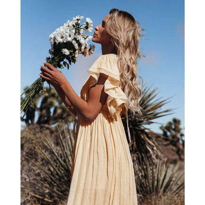 Women's Flowing Maxi Dress – Ruffled Sleeves, V-Neck, Elastic Waist, Casual Summer Wear