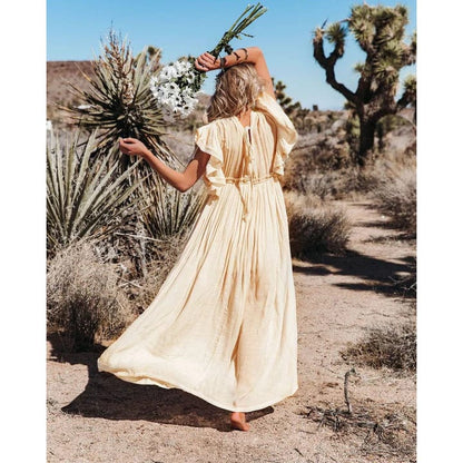 Women's Flowing Maxi Dress – Ruffled Sleeves, V-Neck, Elastic Waist, Casual Summer Wear