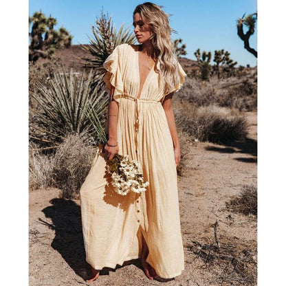 Women's Flowing Maxi Dress – Ruffled Sleeves, V-Neck, Elastic Waist, Casual Summer Wear