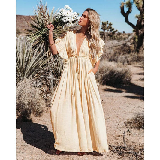 Women's Flowing Maxi Dress – Ruffled Sleeves, V-Neck, Elastic Waist, Casual Summer Wear