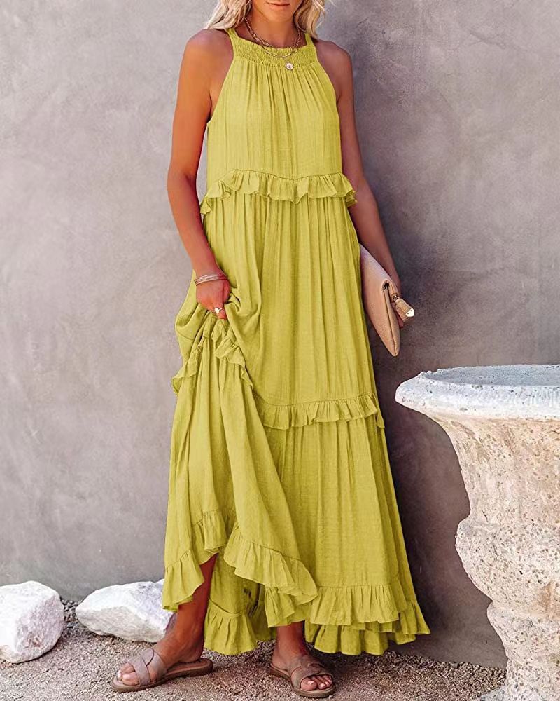 Women's Ruffled Maxi Dress – Sleeveless High-Low Hem, Flowy Fit, Lightweight Viscose Blend, Perfect for Summer