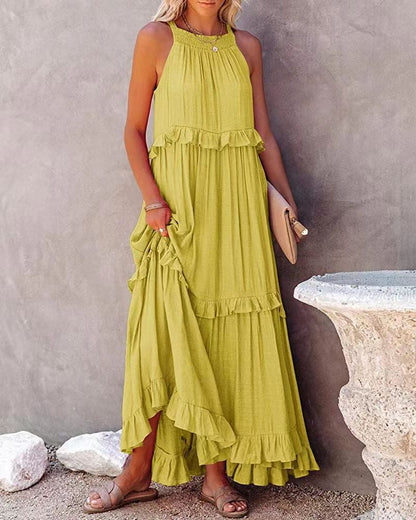 Women's Ruffled Maxi Dress – Sleeveless High-Low Hem, Flowy Fit, Lightweight Viscose Blend, Perfect for Summer