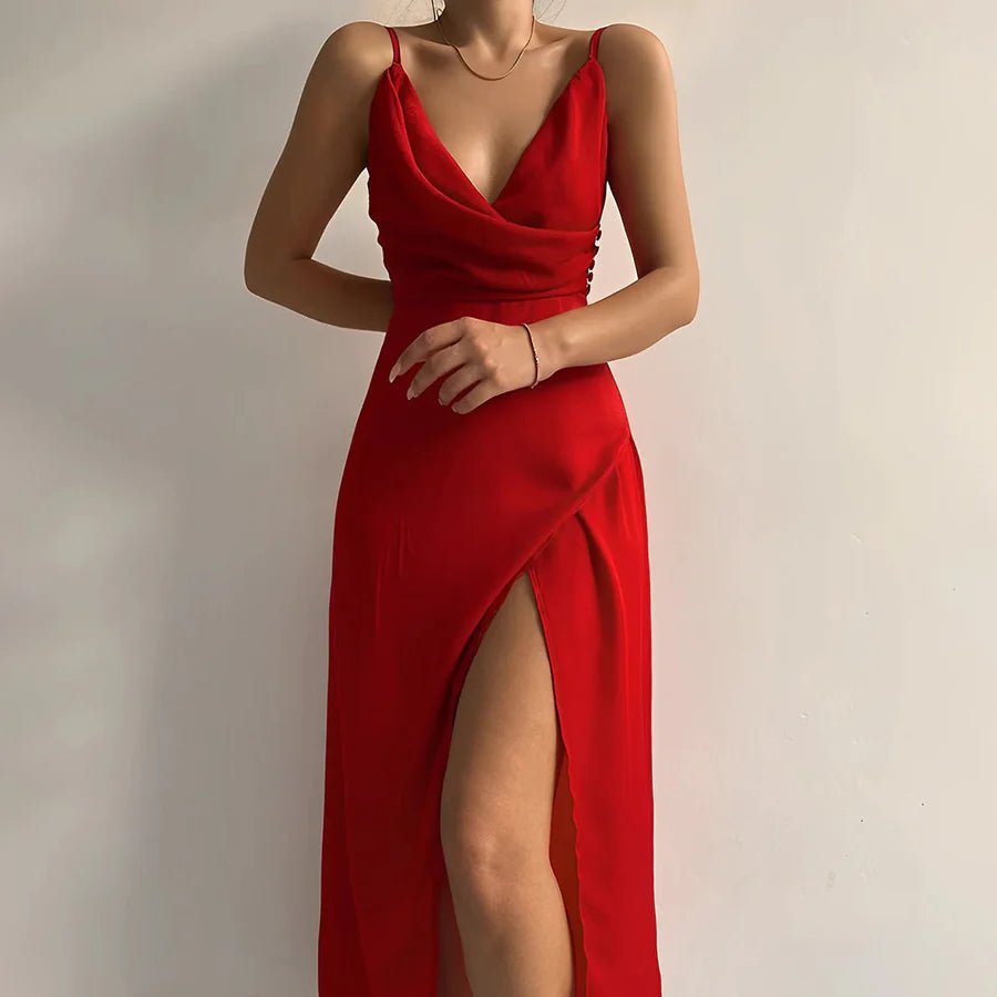 Women's Satin Wrap Dress – Elegant Deep V-Neck, Fitted Waist, Thigh-High Slit, Perfect for Summer and Cocktail Events