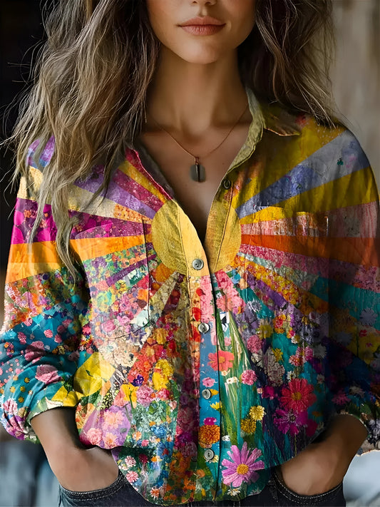 Imogen | Elegant Floral Patchwork Shirt Soft Cotton Long Sleeve Top