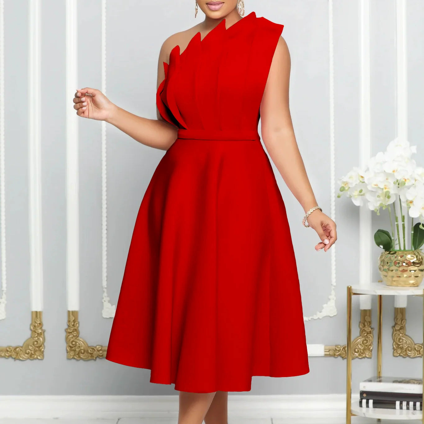 Variant image for Women's Floral One-Shoulder Summer Dress – Romantic Flare, Knee-Length, Minimal Stretch-16