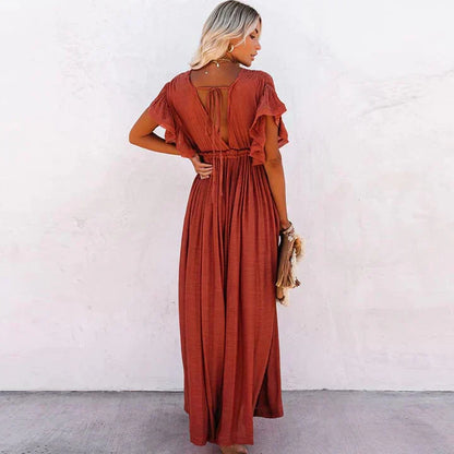 Women's Bohemian Maxi Dress – Deep V-Neck, Short Ruffle Sleeves, Button Front, Lightweight Rayon, Summer Ready