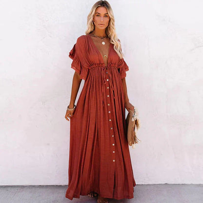 Women's Bohemian Maxi Dress – Deep V-Neck, Short Ruffle Sleeves, Button Front, Lightweight Rayon, Summer Ready