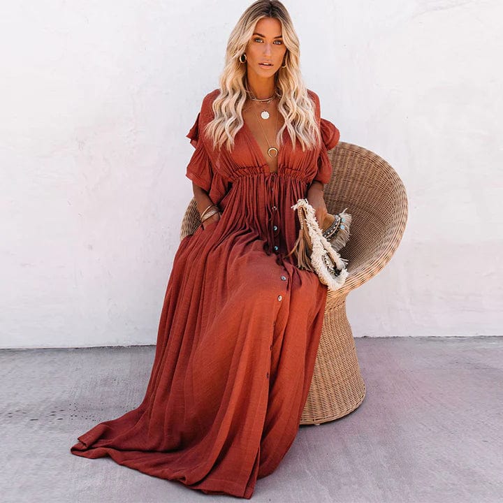 Women's Bohemian Maxi Dress – Deep V-Neck, Short Ruffle Sleeves, Button Front, Lightweight Rayon, Summer Ready