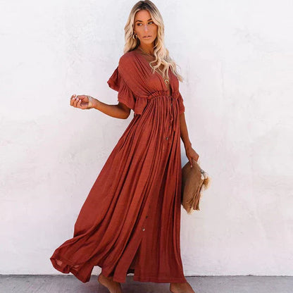 Women's Bohemian Maxi Dress – Deep V-Neck, Short Ruffle Sleeves, Button Front, Lightweight Rayon, Summer Ready