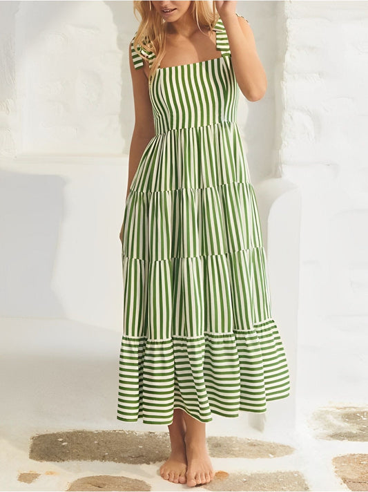 Women's Striped Maxi Dress – A-Line Fit, Lightweight Cotton Blend, Square Neck, Summer Ready