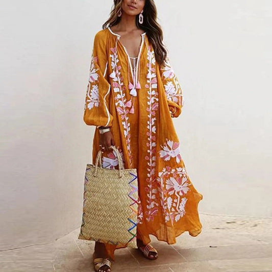 Women's Bohemian Maxi Dress – Embroidered V-Neck, Loose Fit, Long Sleeve, Lightweight Summer Style