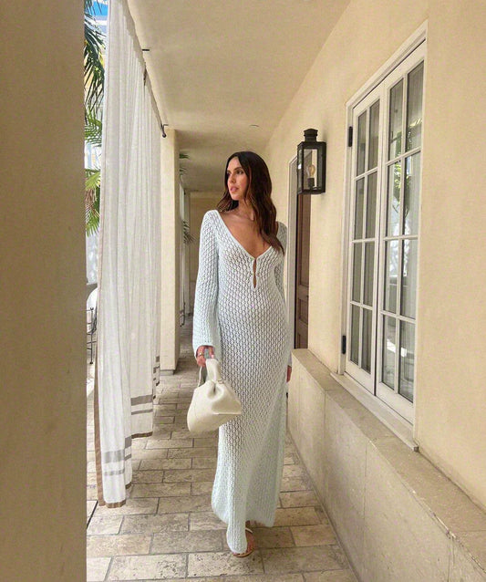 Women's Crochet Maxi Dress – Elegant Deep V-Neck, Long Sleeve, Bodycon Fit, Perfect for Summer