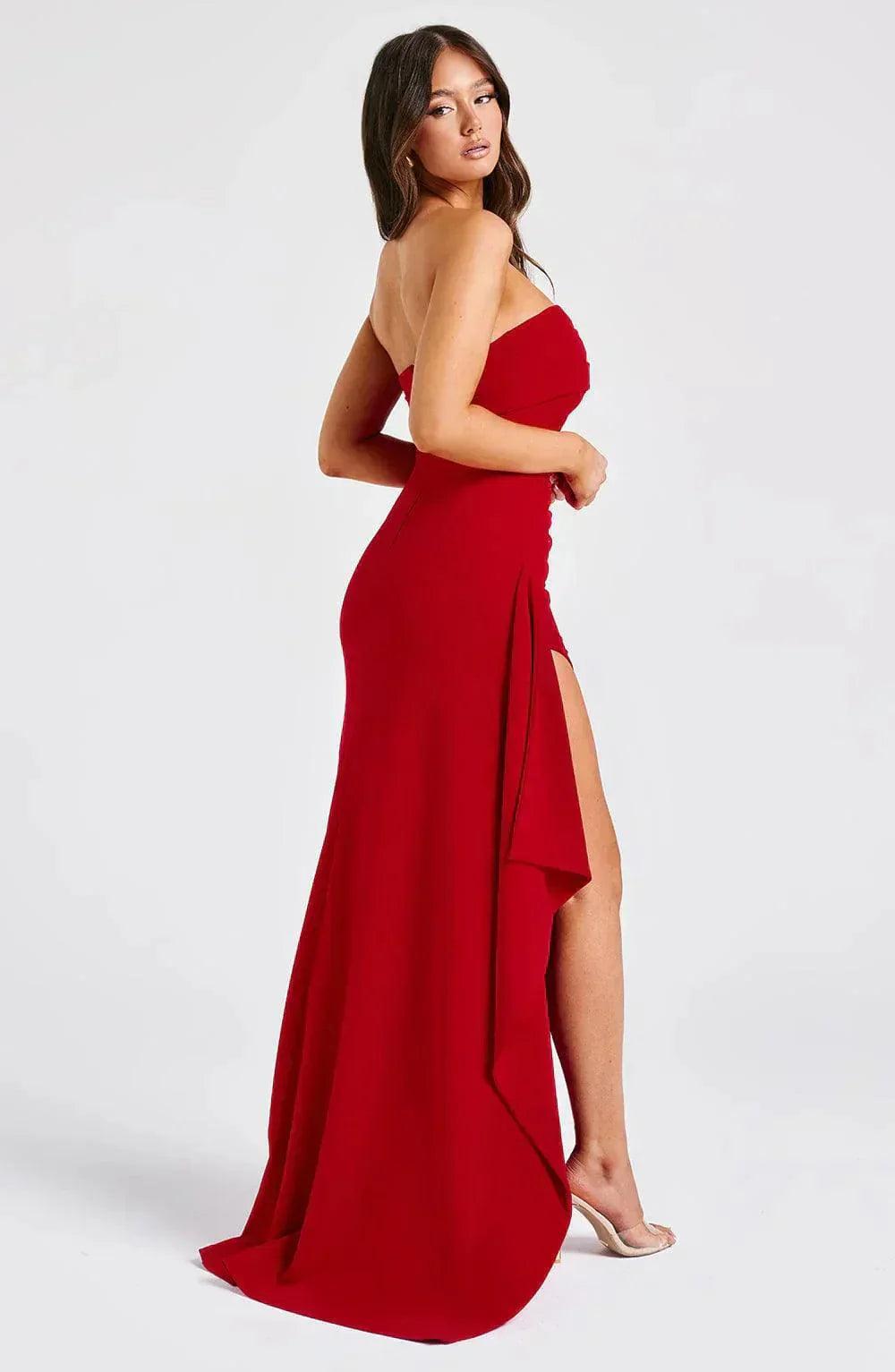 Women's Red Strapless Evening Gown – Fitted Bodice, Thigh-High Slit, Elegant Design